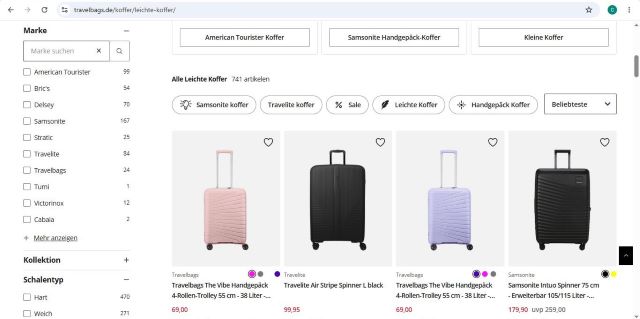 Bei Travelbags gibt es eine extra Kategorie für leichte Koffer